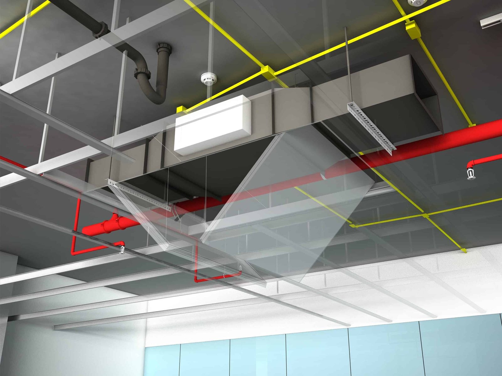 MEP services above false ceiling accessed by ceiling access panel